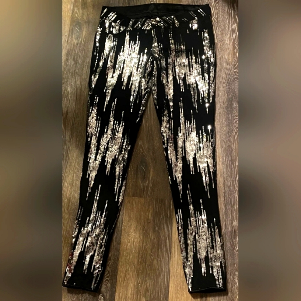 SIWY Black W/ Silver Sequin Skinny Leg Cropped Pants Size 26 NWOT